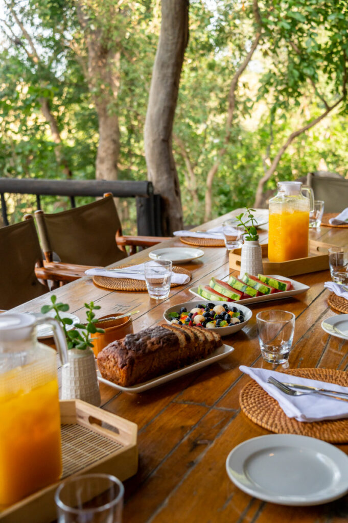 Guests enjoying sunset dinner overlooking watering hole
